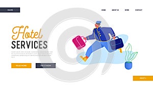 Hotel Hospitality Service Website Landing Page. Bell Boy Carrying Suitcases. Bellman Male Hotel Worker in Uniform