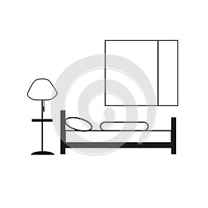 hotel, hotel room, bed, floor lamp, hotel room icon, flat vector illustration