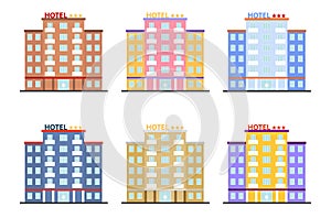 Hotel icon, set of multicolored hotel icons isolated on white background. Vector illustration.