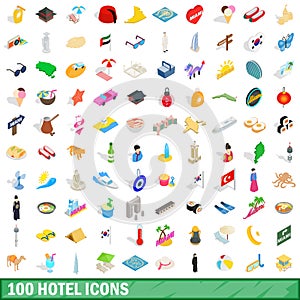 100 hotel icons set, isometric 3d style