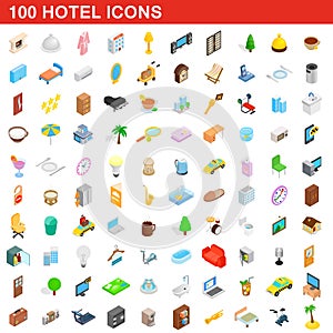 100 hotel icons set, isometric 3d style