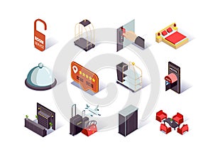 Hotel infrastructure isometric icons set.