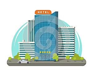 Hotel isolated on city street vector illustration, flat modern skyscraper hotel building near road