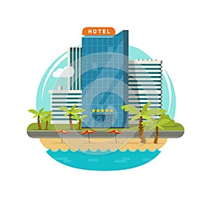 Hotel isolated near sea or seafront resort view vector illustration, flat cartoon modern eco hotel building on green
