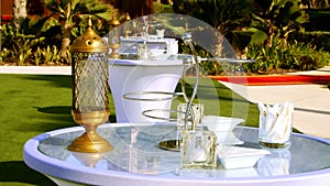 Hotel Jumeirah Al Qasr Madinat , near Burj al Arab. wedding decor, preparation for wedding ceremony on the beach