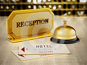 Hotel key card, bell and reception sign on hotel front desk. 3D illustration