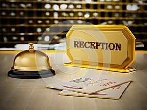 Hotel key card, bell and reception sign on hotel front desk. 3D illustration