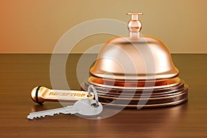 Hotel key and reception bell on the wooden table, 3D rendering