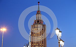 Hotel Leningradskaya Hilton on Komsomolskaya square, has been built in 1954 night. Moscow, Russia.