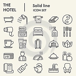 Hotel line icon set, travel symbols set collection or vector sketches. Hotels services signs set for computer web, the