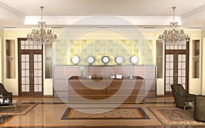 Hotel lobby, interior visualization, 3D illustration photo