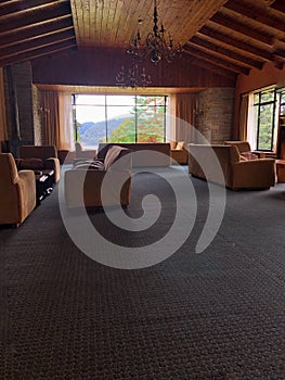 hotel lobby with a lake view