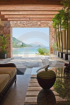 Hotel lobby overlooking ocean photo