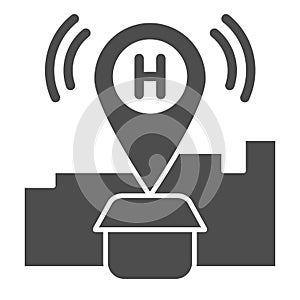 Hotel location solid icon. Map pin with house vector illustration isolated on white. Hotel gps glyph style design