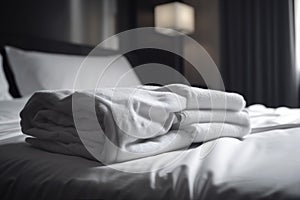 hotel luxury towel service bed room resort home white fresh. Generative AI.