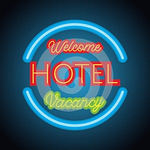 Hotel motel neon sign plank for hotel business. vector