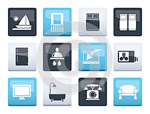 Hotel and motel room facilities icons over color background