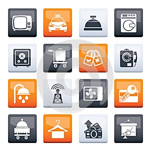 Hotel and motel room facilities icons over color background