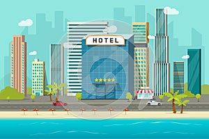 Hotel near sea or ocean resort view vector illustration, flat cartoon hotel building on beach, street road and big
