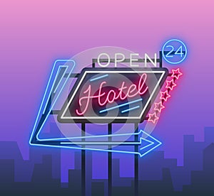 Hotel is a neon sign. Vector illustration. Retro signboard, billboard indicating the hotel, nightlight bright neon