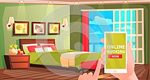 Hotel online booking banner. Interior of modern room for rest. Vector cartoon illustration