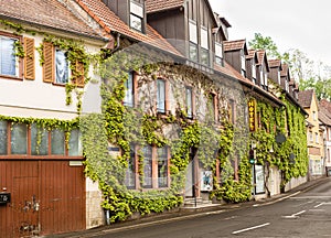 Hotel overgrown with ivy. A place to stay in Bavaria. Hotel on the street. Street after the rain. Achitecture of Germany. photo