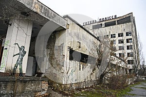 Hotel Polissya Polissia in Prypiat city, abandoned ghost town. Chornobyl exclusion zone. Ukraine, December 2019