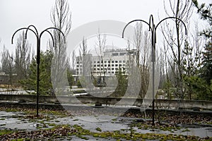 Hotel Polissya Polissia in Prypiat city, abandoned ghost town. Chornobyl exclusion zone. Ukraine, December 2019