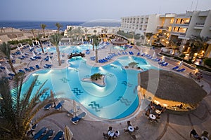 Hotel pool at dusk on