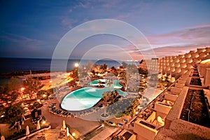 Hotel and pool at night