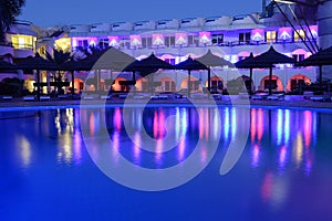 Hotel pool reflecting at night