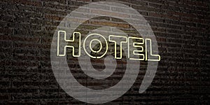 HOTEL -Realistic Neon Sign on Brick Wall background - 3D rendered royalty free stock image