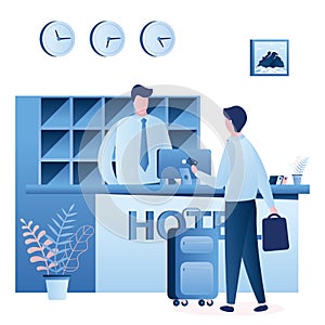 Hotel reception desk interior. Man receptionist talking with male tourist. Businessman with baggage and hotel worker talking in