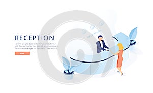 Hotel Reception Isometric Vector. Hotel Receptionist at Counter Welcoming Newly Arrived Guest with Luggage, Giving Key