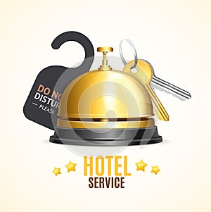 Hotel Reception Service Banner with Realistic Detailed 3d Reception Bell and Key. Vector