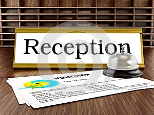 Hotel reception, service bell and voucher