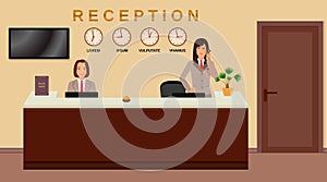 Hotel reception service. Business office desk concept. Two women receptionists.