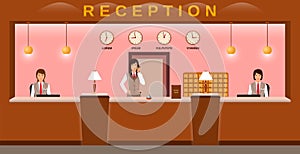 Hotel reception service. Hotel employees welcome guests on their workplace. Business office receptionists.