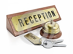 Hotel reception sign, service bell and room keys isolated on white background. 3D illustration