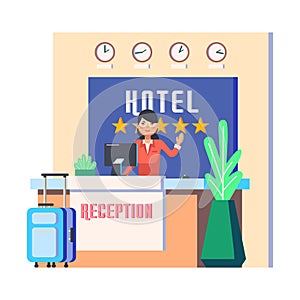 Hotel reception with woman and luggage bag