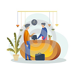 Hotel receptionist and customer conversation, Reception Desk Hotel Receptionist Character illustration