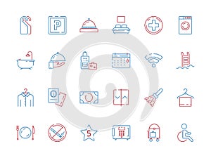 Hotel related symbols. Bathroom hospital travel places spa breakfast area toilet wifi zone hotel colored vector icon