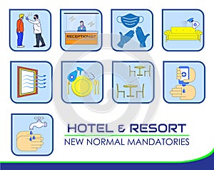 Hotel resort new rules poster or public health practices for covid-19 or health and safety protocols or new normal lifestyle