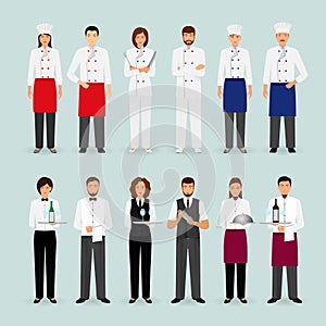 Hotel restaurant male and female team in uniform Group of catering service characters standing together Welcoming banner