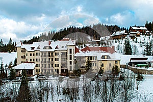 Hotel and restaurant on path to mountain Zakhar Berkut, Carpathian mountains in Slavske, Ukraine on