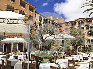 Hotel restaurant in the patio of a luxury hotel.