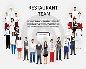 Hotel restaurant team. Group of catering service characters standing in uniform. Food service staff website banner.