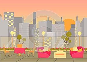 Hotel or Restaurant Terrace on CItyscape Backdrop.