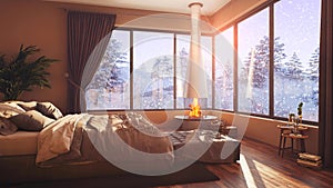 A hotel room with a bed and a large window with winter background 3d illustration