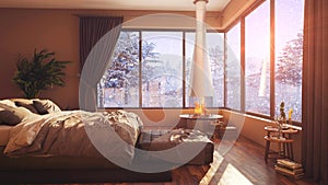 A hotel room with a bed and a large window with winter background 3d illustration